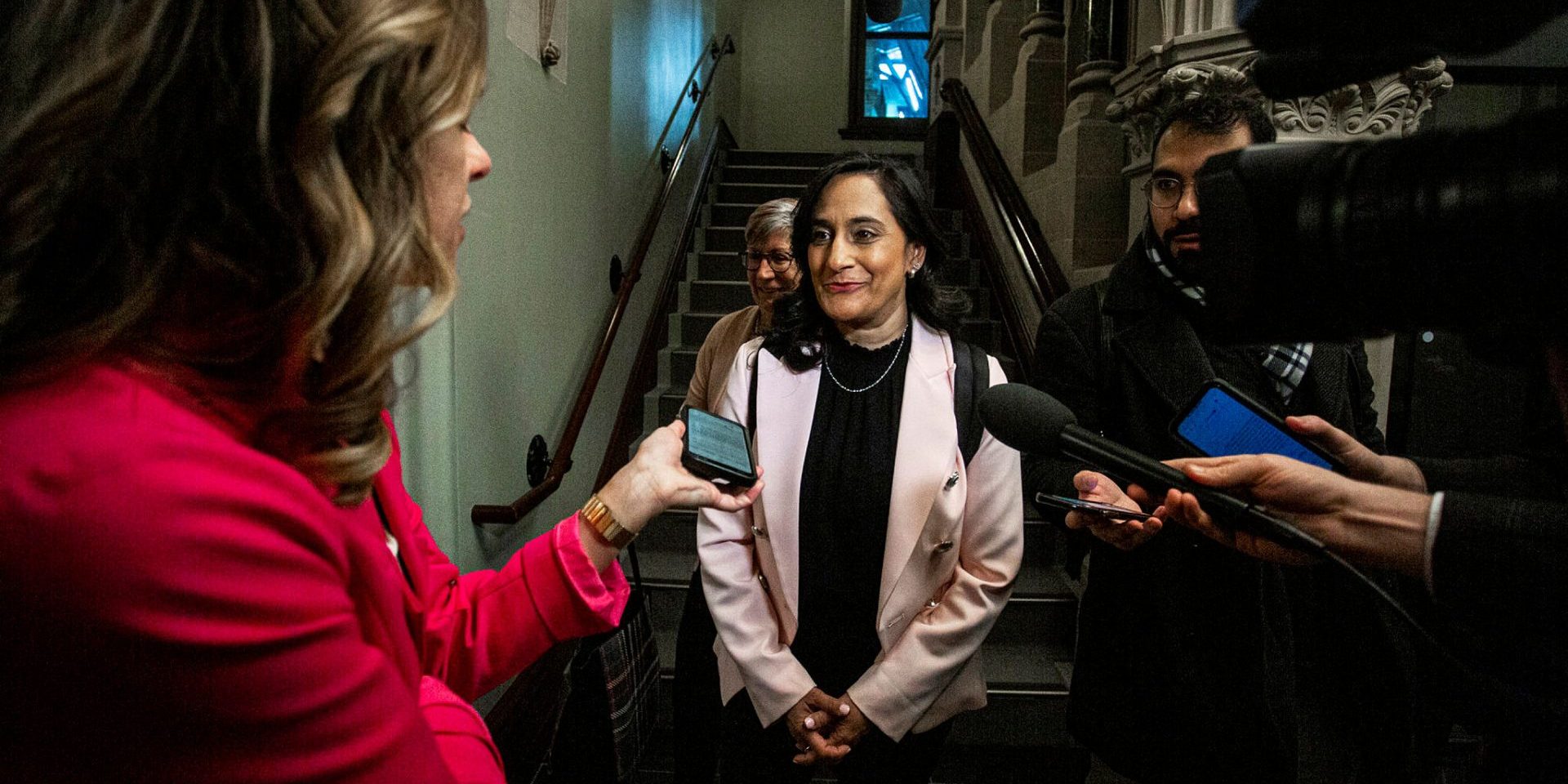 President of the Treasury Board Anita Anand arrives for the Liberal party caucus meeting in West Block on Feb. 28, 2024.