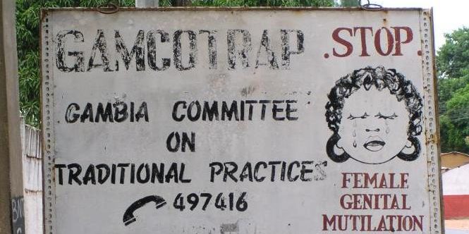 A sign in The Gambia protesting female genital mutilation