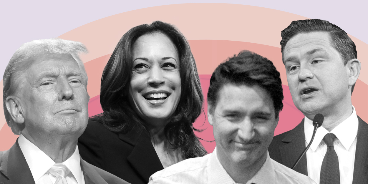 Republican presidential candidate Donald Trump, U.S. Vice-president Kamala Harris, Prime Minister Justin Trudeau, and Conservative Leader Pierre Poilievre.