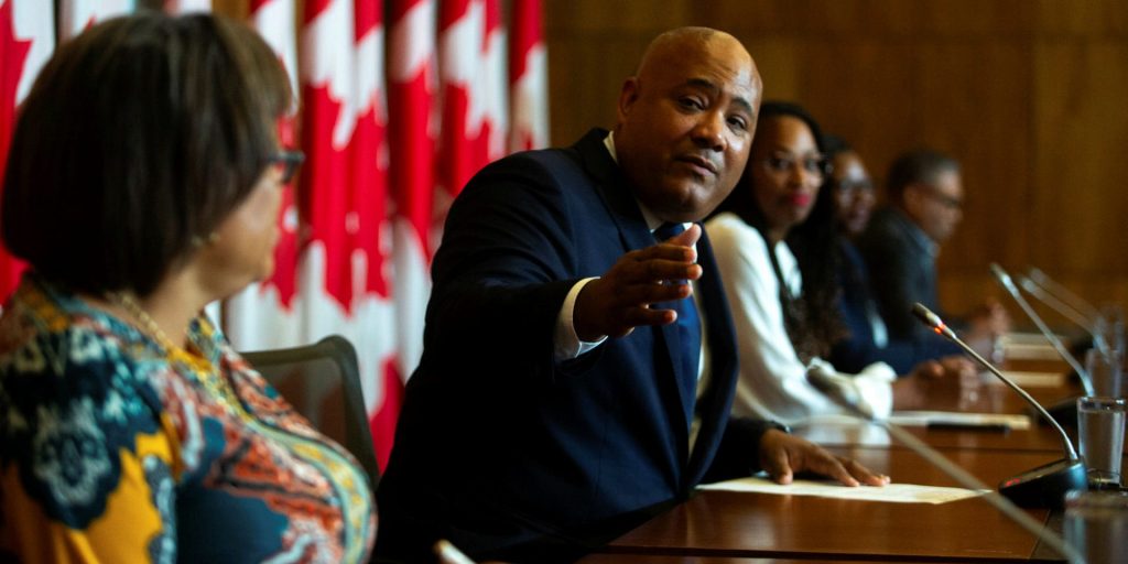 Liberal MP and Canadian Congress of Black Parliamentarians co-chair Michael Coteau holds a press conference in Ottawa on Aug. 11, 2023, after the congress wraps up a successful summit.