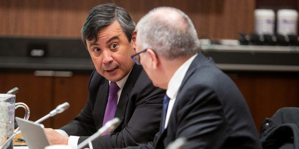 Conservative MPs Michael Chong and Luc Berthold attend a meeting of the Special Committee on the Canada–People’s Republic of China Relationship in West Block on March 26, 2024.