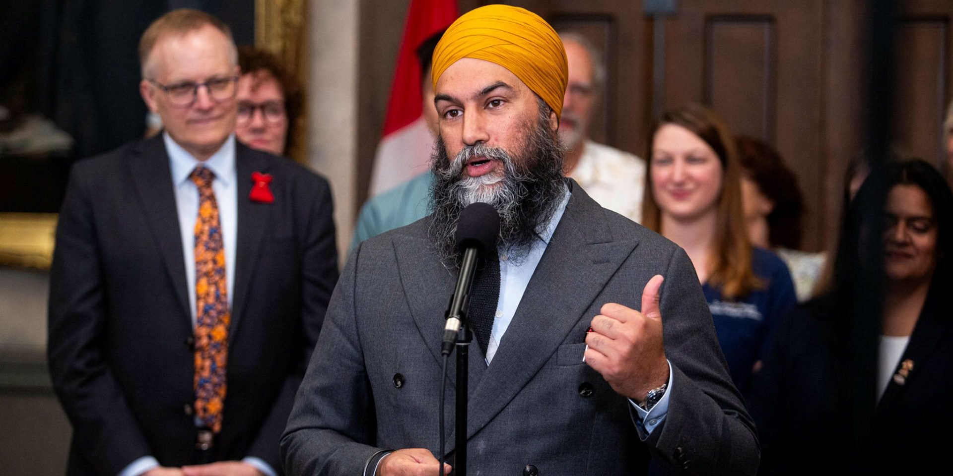 New Democratic Party leader Jagmeet Singh speaks with reporters in the House of Commons foyer before Question Period on June 3, 2024, about the upcoming vote on the government’s pharmacare bill.