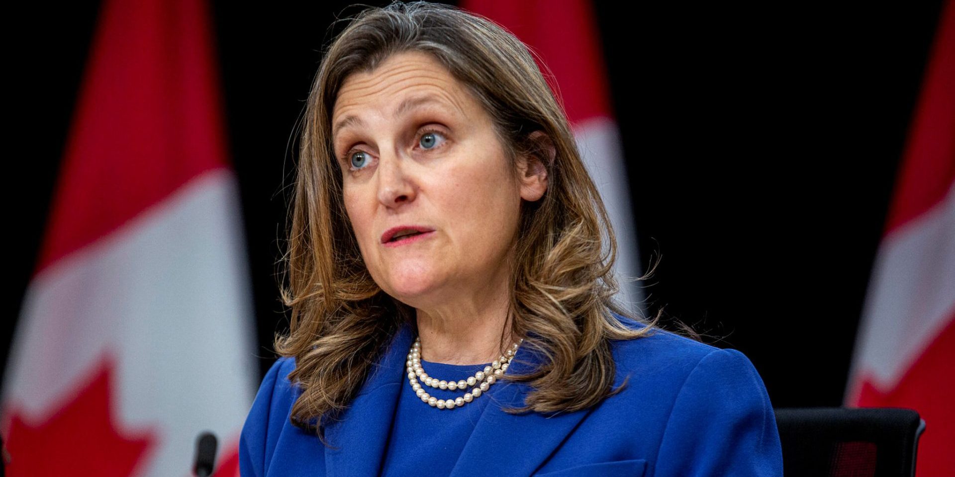 Deputy Prime Minister Chrystia Freeland speaks during a press conference in the National Press Theatre on April 30.