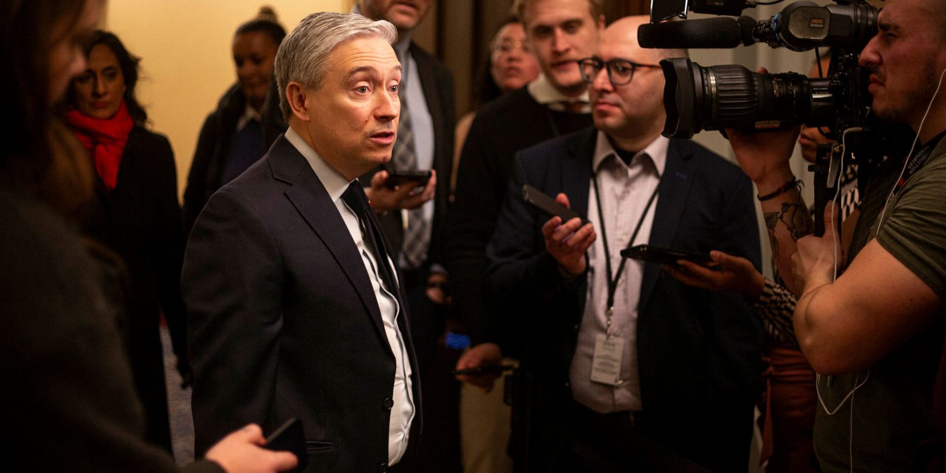 Minister of Innovation, Science and Industry François-Philippe Champagne speaks with reporters before the Liberal cabinet meeting in West Block on Feb. 6, 2024.