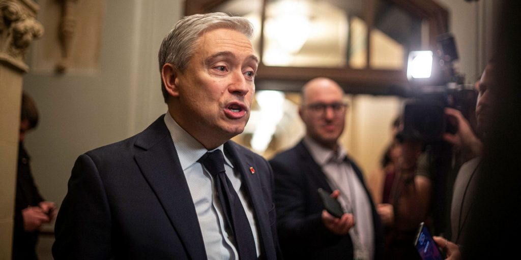 Minister of Innovation, Science and Industry François-Philippe Champagne speaks with reporters before the Liberal cabinet meeting in West Block on Feb. 6, 2024.