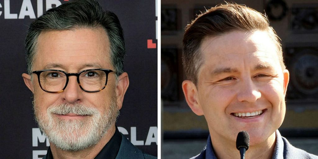 Stephen Colbert, left, and Pierre Poilievre