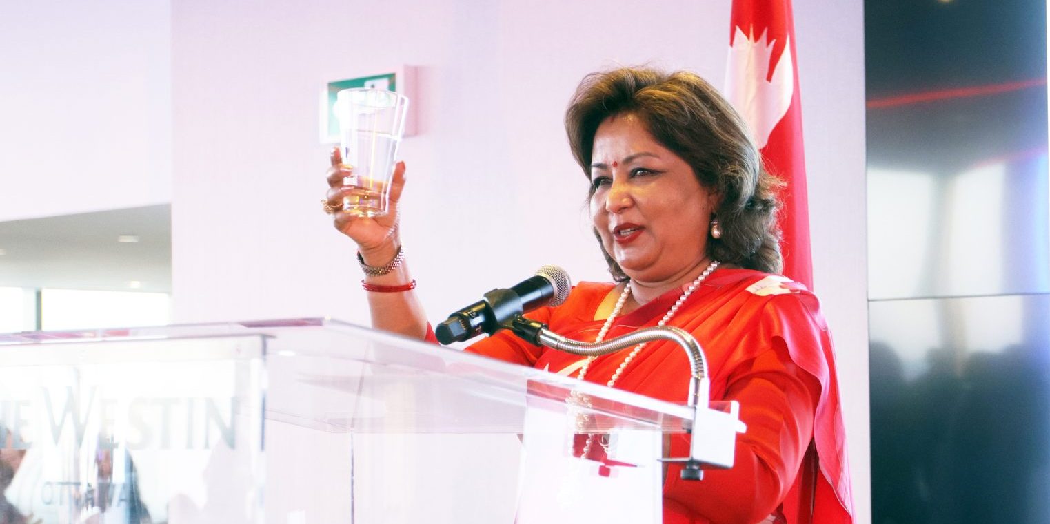 Nepalese Foreign Minister Arzu Rana Deuba delivers remarks at the Nepal Constitution and National Day reception at the Westin Hotel on Sept. 18. The Hill Times photograph by Sam Garcia