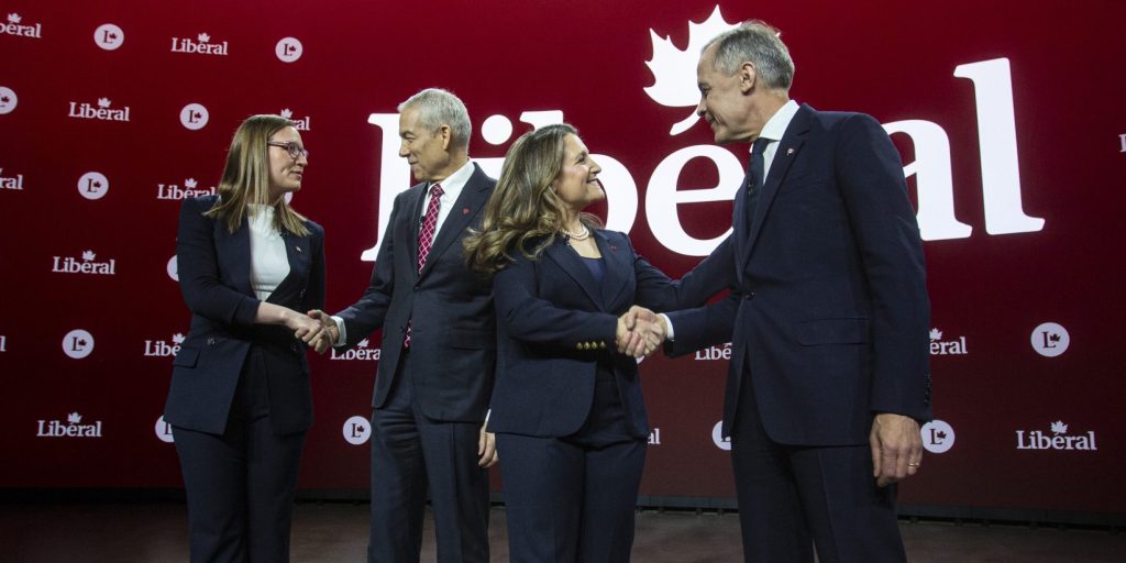 Karina Gould, Frank Bayliss, Chrystia Freeland and Mark Carney