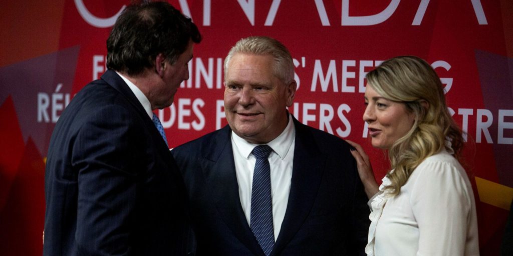 Doug Ford, Premier of Ontario, speaks with Minister of Public Safety, Democratic Institutions and Intergovernmental Affairs Dominic LeBlanc and Minister of Foreign Affairs Mélanie Joly after a press conference after the First Ministers Meeting in Ottawa on Jan. 15, 2025. The Hill Times photograph by Andrew Meade