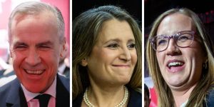 Liberal leadership candidates Mark Carney, Chrystia Freeland, and Karina Gould.