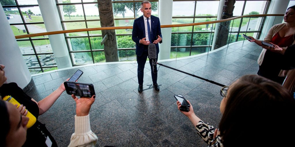 Prime Minister Mark Carney scrums with reporters before the Prime Minister’s First Nations summit on Bill C-5 in Gatineau, Que. on July 17, 2025. The Hill Times photograph by Andrew Meade