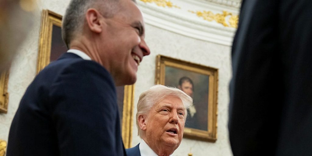 President Donald Trump meets with Canadian Prime Minister Mark Carney, Tuesday, May 6, 2025, in the Oval Office. Vice President JD Vance attends. (Official White House Photo by Emily J. Higgins)