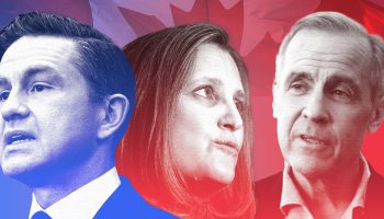 Conservative Leader Pierre Poilievre, left, and Liberal leadership candidates Chrystia Freeland and Mark Carney. The Hill Times photographs by Sam Garcia, Andrew Meade, and illustration by Joey Sabourin