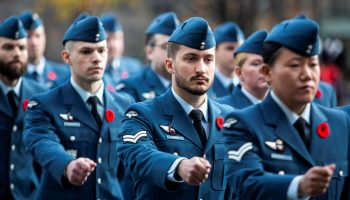 A Canadian Air Force contingent parades at the National Remembrance Day ceremony at the National War Memorial in Ottawa on  Nov. 11, 2024. The Hill Times photograph by Andrew Meade