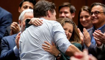 Prime Minister Justin Trudeau hugs Chrystia Freeland