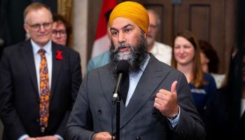 New Democratic Party leader Jagmeet Singh speaks with reporters in the House of Commons foyer before Question Period on June 3, 2024, about the upcoming vote on the government’s pharmacare bill.