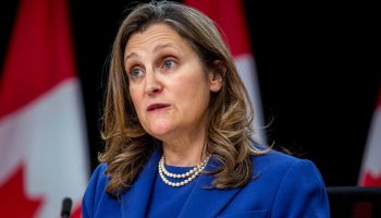 Deputy Prime Minister Chrystia Freeland speaks during a press conference in the National Press Theatre on April 30.