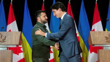 Prime Minister Justin Trudeau and President of Ukraine Volodomyr Zelenskyy hold a joint press conference in the Sir John A. Macdonald building in Ottawa on Sept. 22, 2023. Andrew Meade