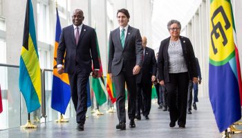 Roosevelt Skerrit, Prime Minister of Dominica, Prime Minister Justin Trudeau and CARICOM Secretary General Carla Natalie Barnett arrive for the first panel of  the CARICOM-Canada summit in Ottawa on  Oct. 18, 2023. Andrew Meade