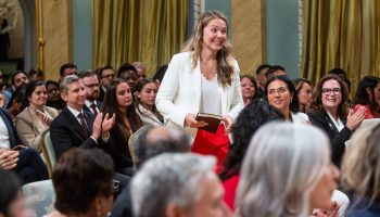 Jenna Sudds is sworn in as Minister of Families, Children and Social Development during a cabinet shuffle at Rideau Hall on July 26, 2023. The Hill Times photograph by Andrew Meade