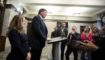 Minister of Public Safety, Democratic Institutions and Intergovernmental Affairs Dominic LeBlanc speaks with reporters at a press conference in the House of Commons foyer on  Nov. 26, 2024.The Hill Times photograph by Andrew Meade