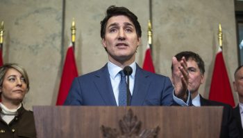 Prime Minister Justin Trudeau holds a press conference in West Block on March 4, 2025, in reaction to the levying of 25 per cent tariffs by the American government on Canadian exports. The Hill Times photograph by Andrew Meade