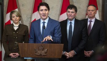 Prime Minister Justin Trudeau holds a press conference in West Block on March 4, 2025, in reaction to the levying of 25 per cent tariffs by the American government on Canadian exports. The Hill Times photograph by Andrew Meade