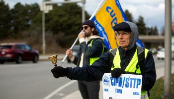 Canada Post workers picket outside the postal service’s Station T location in Ottawa on  Nov. 18, 2024. The Hill Times photograph by Andrew Meade