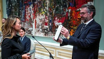 Rechie Valdez is sworn in as Minister of Small Business by Privy Council Clerk John Hannaford during a cabinet shuffle at Rideau Hall on July 26, 2023. The Hill Times photograph by Andrew Meade