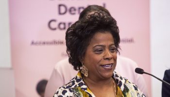 Minister of Health Marjorie Michel makes an announcement about the Canadian Dental Care Plan in Vanier, Ont. on  Oct. 2, 2025, to provide an update that 5 million Canadians have enrolled in the program. The Hill Times photograph by Andrew Meade