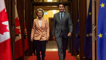 Prime Minister Justin Trudeau greets President of the European Commission, Ursula von der Leyen in West Block on March 7, 2023. The Hill Times photograph by Andrew Meade