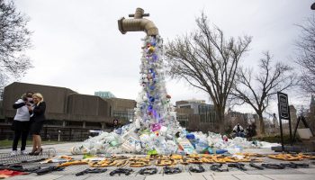 Canadian artist Benjamin Von Wong’s public art installation “The Giant Plastic Trap” is pictured outside the fourth session of the United Nations Intergovernmental Negotiating Committee to develop an international legally binding instrument on plastic pollution at the Shaw Centre in Ottawa on April 23, 2024.