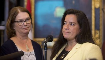 Former Attorney General Jody Wilson-Raybould and former Treasury Board President Jane Philpott speak with reporters before Question Period on Apr. 3, 2019.