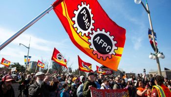 Public Service Alliance of Canada members block the Portage Bridge between Gatineau and Ottawa on April 28, 2023, as part of escalating job actions while on strike.