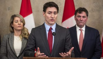 Prime Minister Justin Trudeau holds a press conference in West Block on Feb. 1, to provide an update on the governent’s response to the announcement of 25 per cent tariffs on Canadian exports. The Hill Times photograph by Andrew Meade