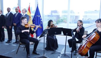 A student string quartet from the University of Ottawa’s School of Music, with violinists Justin Azerrad and Mariana De la Cruz, violist Sarah Als, and cellist Clair Cho at Spain’s national day party at the Westin Hotel on Oct. 9. The Hill Times photograph by Sam Garcia