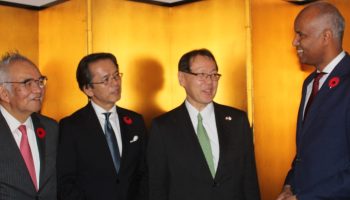 Japan's Ambassador Kanji Yamanouchi, left, his new and departing deputy heads of mission Kouhei Maruyama and Tokuro Furuyama, and Minister Ahmed Hussen on Oct. 31 at the Japanese Ambassador's residence in Rockcliffe Park. The Hill Times photograph by Stuart Benson