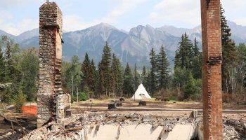 The remains of the Palisades Centre, Jasper National Park, after a July wildfire. Photograph courtesy of Parks Canada.