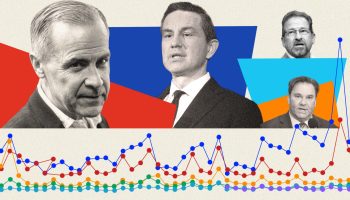 Prime Minister Mark Carney, left, Conservative Leader Pierre Poilievre, Bloc Quebecois Leader Yves-François Blanchet, top right, and NDP interim leader Don Davies.