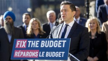 Conservative Leader Pierre Poilievre holds a press conference outside West Block on April 16, 2024. Poilievre has said he will not support the Liberal budget. The Hill Times photograph by Andrew Meade