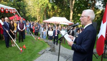 Swiss Ambassador Olaf Kjelsen delivers remarks to guests of Switzerland’s national day reception at the official residence on Sept. 11. The Hill Times photograph by Sam Garcia