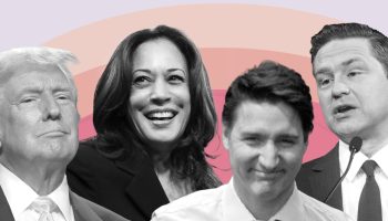 Republican presidential candidate Donald Trump, U.S. Vice-president Kamala Harris, Prime Minister Justin Trudeau, and Conservative Leader Pierre Poilievre.