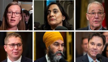 The ongoing filibuster in the House has put the approval of a supply bill, which includes $21.6-billion in proposed government spending, at risk. Clockwise from left to right: Government House Leader Karina Gould, Treasury Board President Anita Anand, Defence Minister Bill Blair, NDP MP Don Davies, NDP Leader Jagmeet Singh, and Conservative Leader Pierre Poilievre. The Hill Times photographs by Andrew Meade